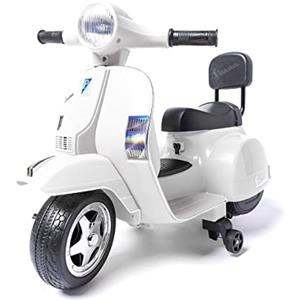 ATAA Vespa Classica PX150 Mini Oficial - Bianco - Moto elettrica per Bambini e Bambine/Rotelle di Appoggio/Pedale acceleratore/Sedile Simil Pelle Imbottito/Valigetta/Chiavetta Reale/Luci e Musica