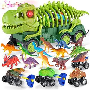 Aoskie Dinosauro Camion Giocattolo per Bambini 3 4 5 6 7 anni, Tirannosauro Veicolo Trasportino Truck con Suono e Luce, 12 Mini Dinosauri Figures, 4 Dinosauro Macchinine