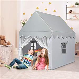 COSTWAY Tenda da Gioco per Bambini, Casetta per Bambini con Struttura in Solido Legno, Tappetino di Cotone, Tenda a Rete e Finestre, 105x120x140 cm (grigio)