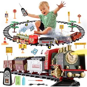 DAOUZL Trenino Elettrico, Classico Treno Vapore Giocattolo, Telecomandato con Fumo Luci Suoni, Ricaricabile, di Natale per Bambini 3 4 5 6 7 8 9 Anni