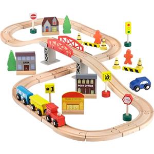 Baroni Toys Trenino Giocattolo in Legno per Bambini 60 Pezzi, Pista per Treno e Macchine con Percorso e 26 Accessori inclusi, Gioco di Ruolo per Bambini 3 + con Confezione Regalo, Percorso a Otto