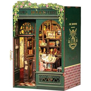 CUTEBEE Book Nook - Kit fai da te in miniatura, casa delle bambole in miniatura, casa delle bambole fai da te, con protezione antipolvere e luce LED, kit di costruzione per adulti (gufo Bookstore)