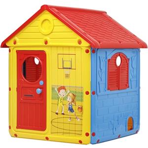 Baroni Toys Casetta da Giardino per Bambini, Casina in Plastica con Porte e Finestre Apribili, Dettagli Curati, adatta a Bambini dai 2 anni in su, 122x104x110 cm, Gialla, Rossa e Blu