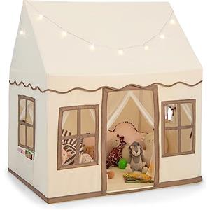 COSTWAY Tenda da Gioco per Bambini con Luci a Stella, Tappetino in Velluto Lavabile e Antiscivolo, Finestre e Tende a Rete, Ideale per Interni ed Esterni per Bambini 3 Anni + (Giallo)