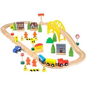 Baroni Toys Trenino Giocattolo in Legno per Bambini 60 Pezzi, Pista per Treno e Macchine con Percorso e 30 Accessori inclusi, Gioco di Ruolo per Bambini 3 + con Confezione Regalo, Percorso Ovale