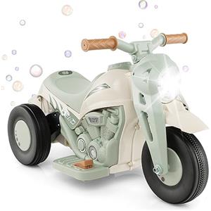 RELAX4LIFE 6V Moto Elettrica per Bambini 3-5 Anni con Creatore di Bolle, Musica, Clacson e Fari a LED, 36 x 81 x 43 CM, Avanti e Indietro 2,5 km/h, Carica Massima. 30 kg (Beige)