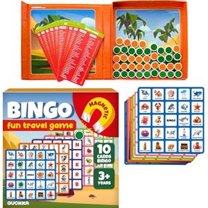 QUOKKA Gioco Bingo per Bambini da 3 a 5 Anni - Giochi da Viaggio Bingo per 2 a 4 Anni - Mini Gioco Magnetico per Viaggi in Auto Bambini 4 5 6 Anni - 40 Chip Magnetici - 10 Carte Bingo con Parole