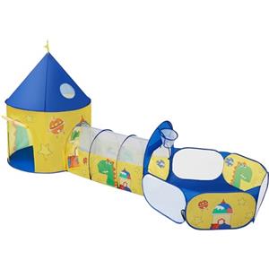 SONGMICS Tenda da Gioco 3 in 1, Tenda Pop Up per Bambini, con Casetta Tunnel e Piscina di Palline, a Tema di Spazio e Dinosauro, Idea Regalo per Compleanno, Giallo e Blu LPT702Y01