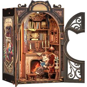 CUTEBEE Book Nook - Kit fai da te in miniatura, casa delle bambole in miniatura, casa delle bambole fai da te, con protezione antipolvere e luce LED, kit di costruzione per adulti (Count Cat's Study)