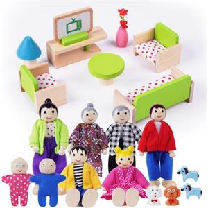 HOTUT Casa Bambole Mobili in Legno, 20 Mini Mobili Accessori Casa delle Bambole, Set di 8 Figure di Piccole Persone Famiglia di Bambole, con Soggiorno Mobili Casa Bambole Regalo Giocattolo per Bambini