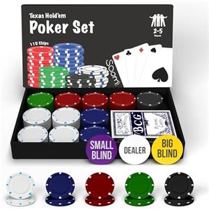 Soom Games - Set Poker per 2-5 Giocatori, Include 110 Chips, Pulsanti Big Blind e Small Blind, Pulsante Dealer, Carte da Gioco per Texas Holdem, Kit Poker Completo