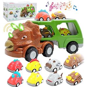 STAY GENT Giocattolo Auto Dinosauro Cars Macchinine per Bambini 1 2 3 4 Anni con 8pcs Pull Back Veicoli, Luce & Suono Triceratops Camion Dinosauro Trasporto Dino Giocattolo per Ragazzi Natale Regali