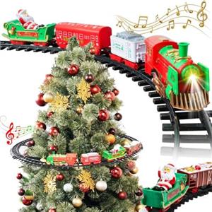 Christmas Presents Trenino Natalizio con Supporto Installazione per Centro Albero di Natale Treno Elettrico 3 Vagoni con Luci Natalizie Diametro Pista 89 cm