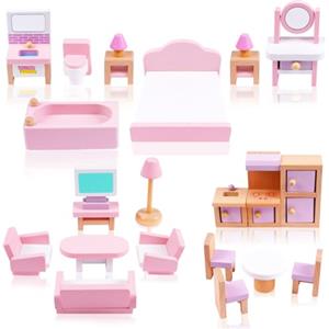 HOTUT Casa Bambole Mobili in Legno, 22 Mini Mobili Accessori Casa delle Bambole, Set di 8 Figure di Piccole Persone Famiglia di Bambole, con Soggiorno Mobili Casa Bambole Regalo Giocattolo per Bambini