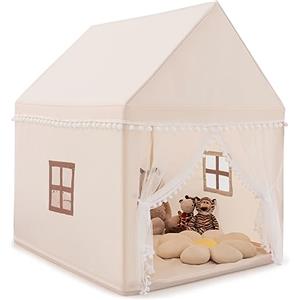 COSTWAY Tenda da Gioco Casetta per Bambini, Castello Giocattolo in Legno Cotone, con Struttura Stabile e Finestre Traspirabili, 105x120x140 cm (Beige)