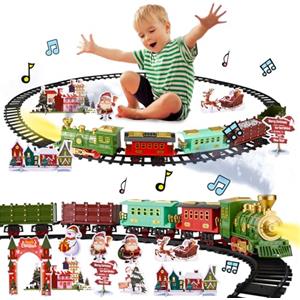 DAOUZL Trenino Elettrico per Bambini, Classico Treno Vapore Giocattolo con Fumo, Luce, Suono e 4 Carte con Scene Natalizie, Trenino Elettrico di Natale per Bambini 3 4 5 6 7 8 9 Anni