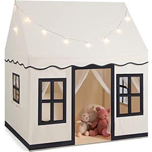 COSTWAY Tenda da Gioco per Bambini con Luci a Stella, Tappetino in Velluto Lavabile e Antiscivolo, Finestre e Tende a Rete, Ideale per Interni ed Esterni per Bambini 3 Anni + (Beige)