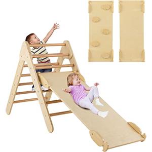 COSTWAY 3 in 1 Arrampicata Giocattolo a Triangolo per Bambini, Set di Arrampicata con Rampa di Scivolo a 2 Lati e Inclinazione Regolabile, Arrampicatore per Bambini 1 Anno+ (Naturale)