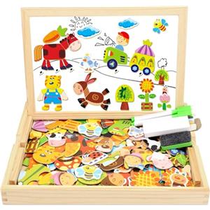 COOLJOY Puzzle Magnetico Legno,Giocattolo di Legno con Lavagna Double Face, Apprendimento Educativo Puzzle Bambini 3 Anni 4 Anni 5 Anni - Quasi 100 Pezzi - Può Attaccare sul Frigorifero