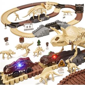 OR OR TU Pista Macchinine Giocattolo Dinosauri per Bambini 3 4 5 6+ Anni, Flessibile Scheletro Dinosauro Trenino Elettrico 188 Pezzi con Figurine Dinosauri, Macchinine per Regalo Bambini Bambino