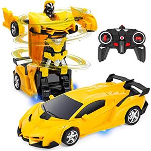 Highttoy Macchina Telecomandata per Bambini,Trasformatore Giocattoli Bambini 3-12 Anni Auto Telecomandata Robot Rotazione a 360° 2.4GHz Scala 1:18 Macchina Robot Giocattolo Bambino Bambina Giallo