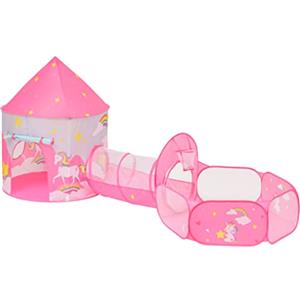 Baroni Toys Tenda da Gioco 3 in 1, Pop Up Tenda, Tunnel e Piscina per Bambini 3+, Rosa con Unicorni, Borsa per il Trasporto, Tenda Giocattolo per Interni e Esterni, Casetta per Bambini