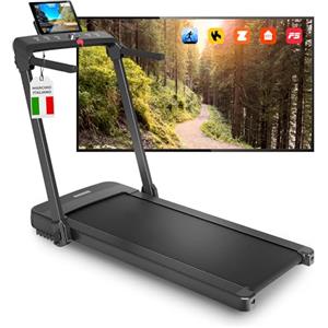 YM 3in1 Tapis Roulant Elettrico 14 km/h, Mod. RAFFAELLO, Salvaspazio, Spessore 14 cm, Bluetooth, App KINOMAP ZWIFT BITGYM FITHOME, 12 Programmi, Compatto, 2 HP (Picco 4,5 HP), Walking Pad, Workstation