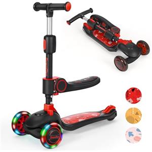 BremToy Monopattino Bambini con Sedile, Monopattino Pieghevole con 3 Ruote LED Luce, Altezza Regolabile per Bambini 2-8 Anni, Carico 50 kg, Nero + Rosso