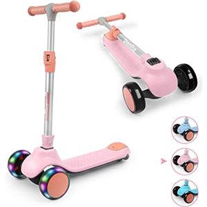 BremToy Monopattino per Bambini 3-10 Anni, 4 Regolabili in Altezza, 3 Eleganti Ruote LED, Monopattino Pieghevole, Carico Massimo 50 kg, Regalo per Bambini, Rosa