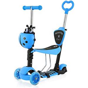 YOLEO Monopattino per Bambini 5-in-1, Monopattino 3 Ruote Lampeggianti in LED, Kids Scooter, Con Sedile Estraibile/Monopattino Bambini 2 a 8 Anni, Carico Massimo 50 Kg (5-in-1 Blu)