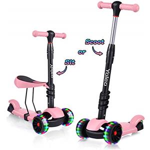 YOLEO Monopattino per Bambini 3-in-1, Monopattino 3 Ruote Lampeggianti in LED, Kids Scooter, Con Sedile Estraibile/Monopattino Bambini 2 a 8 Anni, Carico Massimo 50 Kg, Regalo per Bambini (Rosa)