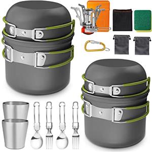 AUTOPkio Set di Pentole da Campeggio, 18 PCS Pentola e Padella Campeggio in Alluminio con Fornello da Campeggio, Tazza, Posate Pieghevoli Stoviglie Campeggio per Picnic Trekking Escursionismo