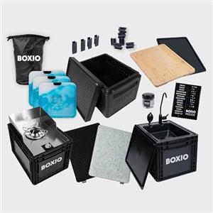 BOXIO - Kitchen Bundle: cucina da campeggio mobile senza elettricità con scatola di cottura, lavandino e fornello a gas con accessori esterni, tagliere di raffreddamento, cuscino di seduta UVM.