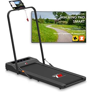 YM Tapis Roulant Elettrico & Walking Pad (2 in 1) Nero, Salvaspazio, con BARRA DI SUPPORTO e Porta Tablet, Altoparlanti Integrati Bluetooth, APP KINOMAP e ZWIFT, Telecomando a Orologio, 6 Programmi