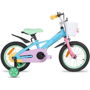 STITCH Macaron bicicletta da 12 pollici per bambini dai 2 ai 4 anni, bici da 12 pollici per ragazze con cesto e ruote d'appoggio,blu