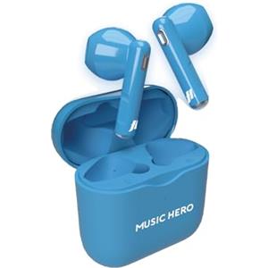 Music Hero cuffiette auricolari wireless, colorazione fluo, tecnologia True Wireless Stereo (TWS), custodia di ricarica da 180 mAh, controlli touch, microfono integrato, semi in-ear, blu