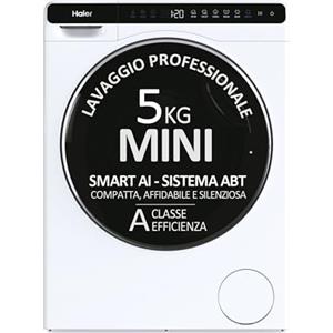 Haier Mini Drum HW50-BP12307-S Lavatrice, 5 Kg, 1200 Giri, 6 Programmi, Smart Dual Spray, Smart AI, Trattamento ABT, Classe A, 51x44x70 cm, Bianco