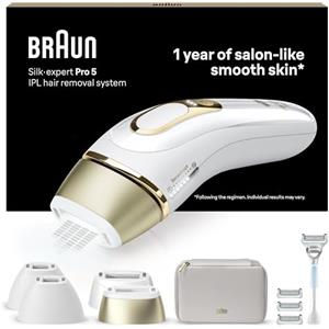 Braun Silk·expert Pro 5 Epilatore LUCE PULSATA, Epilazione A Casa, Alternativa All'Epilazione laser, Con Custodia, Rasoio Donna Venus, 4 Testine, Idea Regalo, Bianco/Oro, PL5358