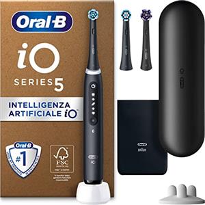 Oral-B Spazzolino Elettrico Ricaricabile iO 5N, Sensore di Pressione, Intelligenza Artificiale, 5 Modalità di Spazzolamento, 3 Testine, 1 Spazzolino, 1 Custodia da Viaggio, Nero, Idea Regalo