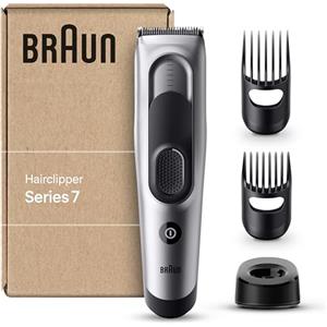 Braun Series 7 TAGLIACAPELLI UOMO, Memoria Safetylock, lame Ultra Affilate, 2 Pettini, 17 Impostazioni Lunghezza, Ottimo per Viso e BARBA, Imballaggio Riciclabile, Idea Regalo, HC7390 Grigio