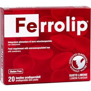 Ferrolip Integratore Ferro da Sciogliere in Bocca Senza Acqua (20 Bustine Monodose x 1,8 g) al Gusto Limone ‒ Senza Effetti Collaterali Gastrointestinali e Privo di Sapore Metallico ‒ Vegan