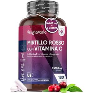 WeightWorld Cranberry Capsule 50.000mg, Estratto Mirtillo Rosso con Vitamina C, 180 Capsule Cranberries (Mirtilli Rossi), Integratore Mirtillo Rosso Senza Magnesio Stearato, Capsule Mirtillo Rosso Alto Dosaggio