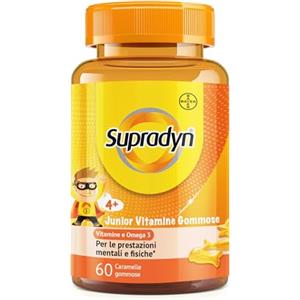 Supradyn Junior Vitamine Gommose Multivitaminico Bambini con Omega 3, Colina, B6, B12, Vitamina C e Niacina, per Integrare l'Alimentazione e Sostenere le Difese immunitarie, 60 Caramelle Gommose