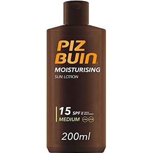 PIZ BUIN Moisturising Latte Solare SPF 15, Crema solare 15 idratante, Protezione solare 15 con filtro solare UVA/UVB e Glicerina, Latte solare SPF15 resistente all'acqua e al sudore, 200 ml