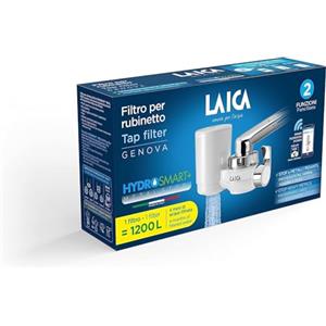 LAICA R20A Filtro rubinetto GENOVA, con sistema filtrante HYDROSMART+ METAL STOP, 1200 L di Acqua Filtrata, Adattatori per rubinetto inclusi, Made in Italy, Bianco/Cromato