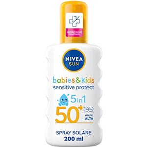 NIVEA SUN Crema Solare Spray Kids Sensitive Protect & Play FP 50+ 200 ml, Crema Solare Bambini e Neonati dai 6 Mesi in su, Crema solare 50+ in pratico flacone in spray