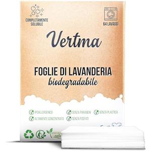 Vertma®-Detersivo in fogli per lavatrice-Detersivo in Fogli Biodegradabile-(64 lavaggi)-A Base di Piantes-Efficace su Tutti i Tessuti-Detersivo Dei Bambini- Ipoallergenico-Zero Rifiuti-Profumo Fresco