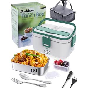 Buddew Scaldavivande Elettrico Portatile 80W 3 in 1 Lunch Box Portatile 1,8L Scaldavivande con Acciaio Inox Forchetta Riscalda Il Cibo in Pochi Minuti, Porta Pranzo per Auto Camion e Ufficio (Verde)