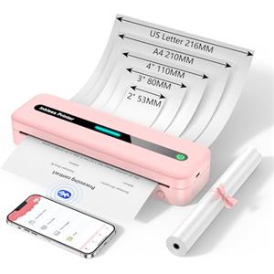 ASprink Stampante Portatile A4, M832 Stampante Termica Stampante Senza Inchiostro A4/110 MM/80 MM/53 MM/US Letter Carta Termica, Stampante Termica Portatile per Android e iOS - Rosa