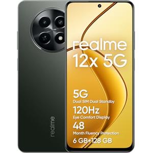 realme 12x 5G Smartphone 6+128 GB, Fotocamera con AI da 50 MP, Dual Standby 5G, Protezione della fluidità per 48 mesi, Display da 120 Hz, NFC a 360°, Batteria da 5.000 mAh, Glowing Black(no adapter)